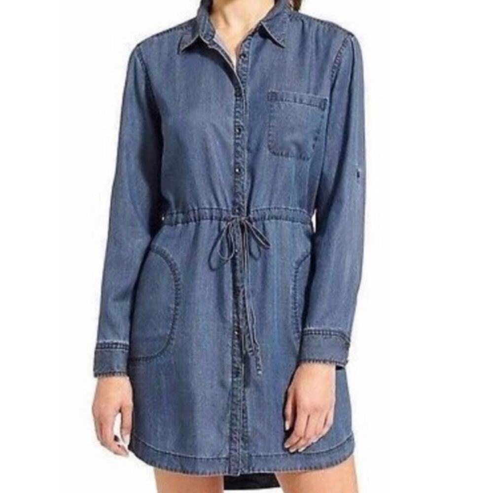 Athleta Indigo Blue Long Sleeve Chambray Candid Shirt Dress Size Small